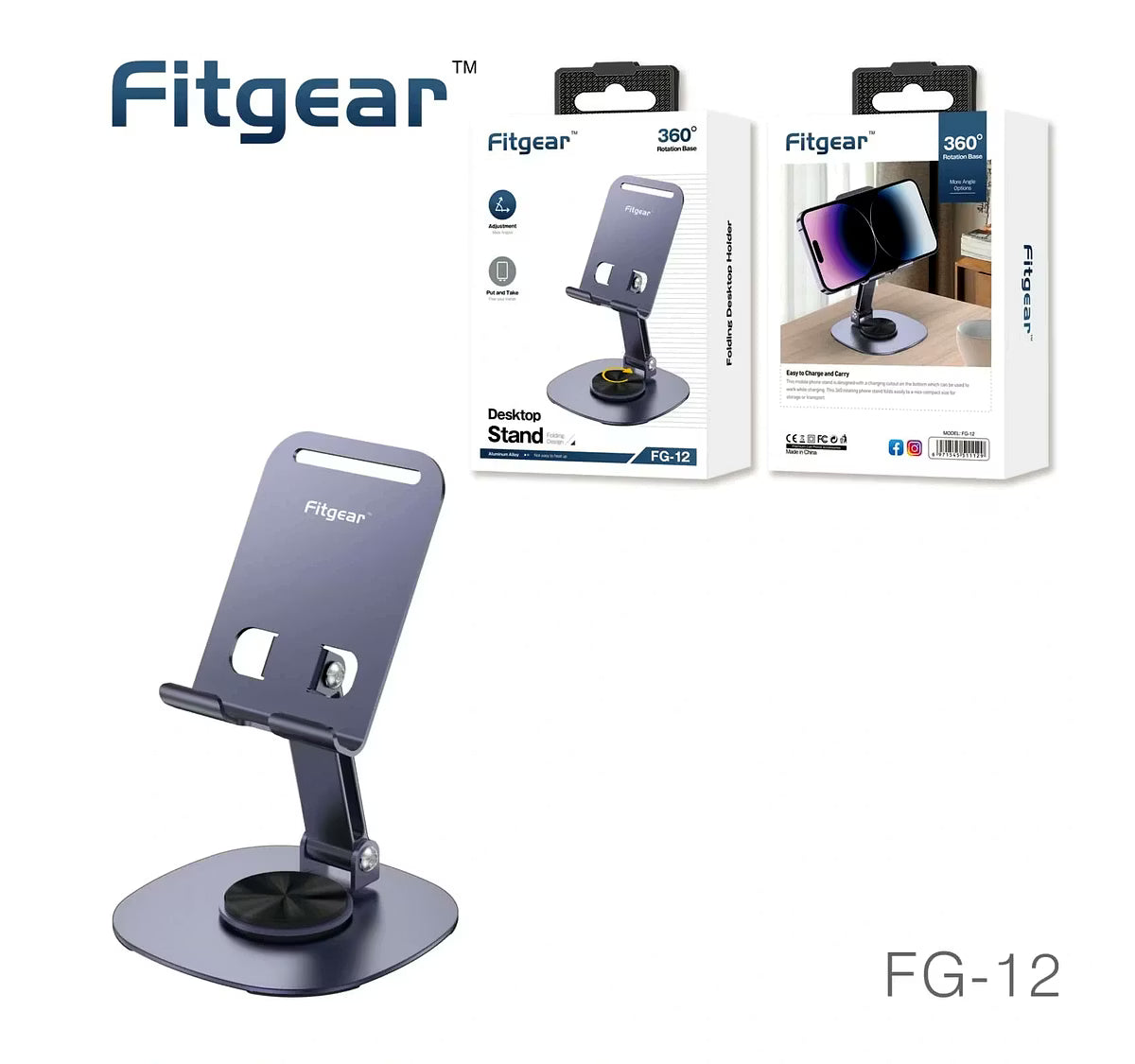 Fitgear FG-12 360°Rotation Adjustable Thick Case Friendly Foldable Metal Base Stand Mobile Holder