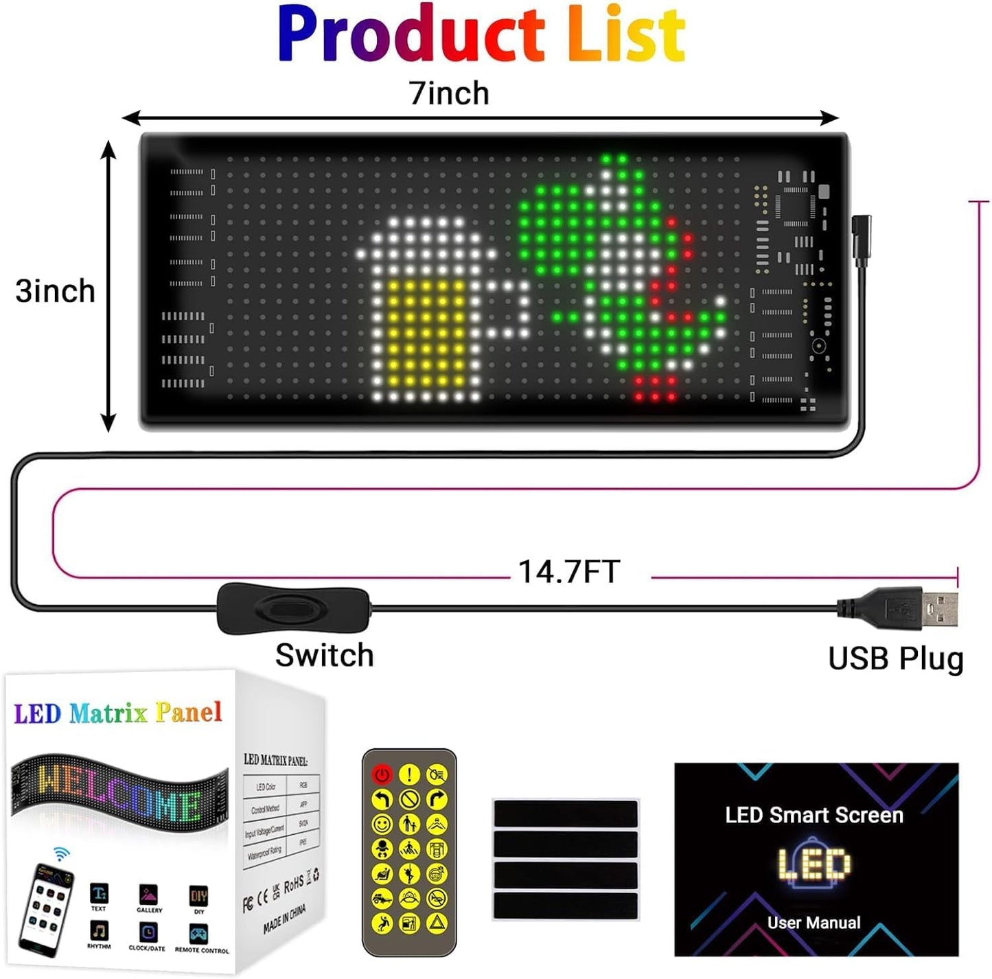 AutoBiz Flexible Waterproof DIY Customizable LED Matrix Panel Display Screen Sign Board with Mobile Application and Remote Control for Cars, Home, Office, Shops etc (Multicolor, Small- 17x7 Cm)