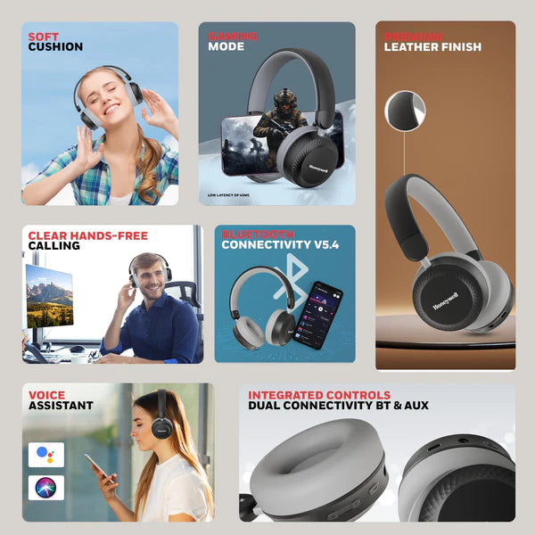 Honeywell New Launched Moxie V20 Bluetooth v5.4 On-Ear Headphones with Mic, ENC, 25H Playback, Deep Bass, IPX4, Aux, Stereo Sound, 40ms Low Latency Gaming Mode, Padded Cushion