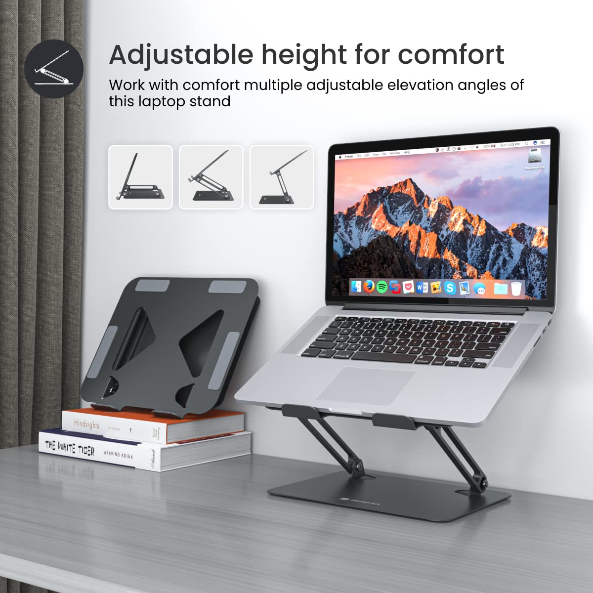 Click to see full view Portronics My Buddy K7 Portable Laptop Stand | Ventilated Board for Laptop Cooling | Compatible with Upto 17’’ Laptops | Multiple Adjustable Angles | Carbon Steel Body | Posture Support(Grey)