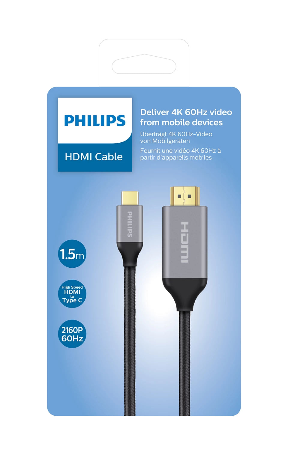 PHILIPS SWV5431 Type C to HDMI Cable - 4K UHD 2160p, 60Hz Video Signal, Smooth Image, High-Speed Data Transfer, Compatible with Type C Devices, Durable Metal Casing with Braided Cable (Black)