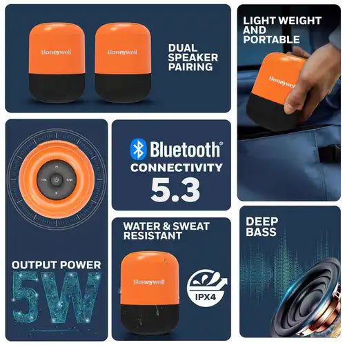 Honeywell Moxie V200 Wireless Portable Bluetooth Speaker with 5W Output | 12 Hrs Playtime | 52mm Drivers | IPX4 Rating | TWS Connectivity | Multi-Compatibility | Premium Stereo Sound (Orange)