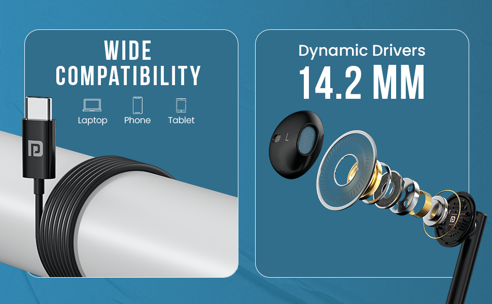 Portronics Conch Theta C in Ear Type C Wired Earphones with in Line HD Mic, Powerful Audio, 14.2mm Driver, Unique Earbuds Design, TPE Anti Tangle Wire, in line Controls, Wide Compatibility(Black)