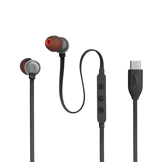 JBL Tune 310 Wired in Ear Type C Headphones, Hi-Res Audio with Digital-to-Analog Converter, 3-Button EQ Preset Remote with Microphone, Tangle-Free Flat Cable, Compatible with USB-C Devices (Black)