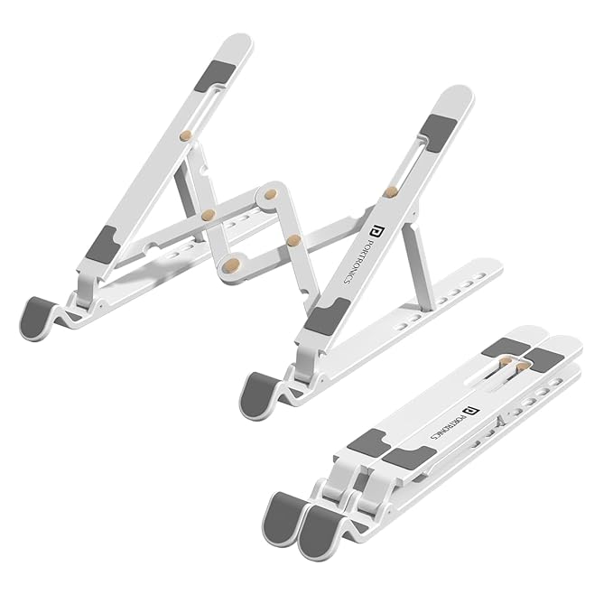 Foldable Laptop Stand with Adjustable Heights, Anti-Slip Silicone Pads, Collapsible Design, 5 kg Max Weight, ABS Build, Portable & Lightweight Holder Riser (White)