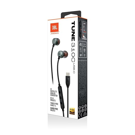 JBL Tune 310 Wired in Ear Type C Headphones, Hi-Res Audio with Digital-to-Analog Converter, 3-Button EQ Preset Remote with Microphone, Tangle-Free Flat Cable, Compatible with USB-C Devices (Black)