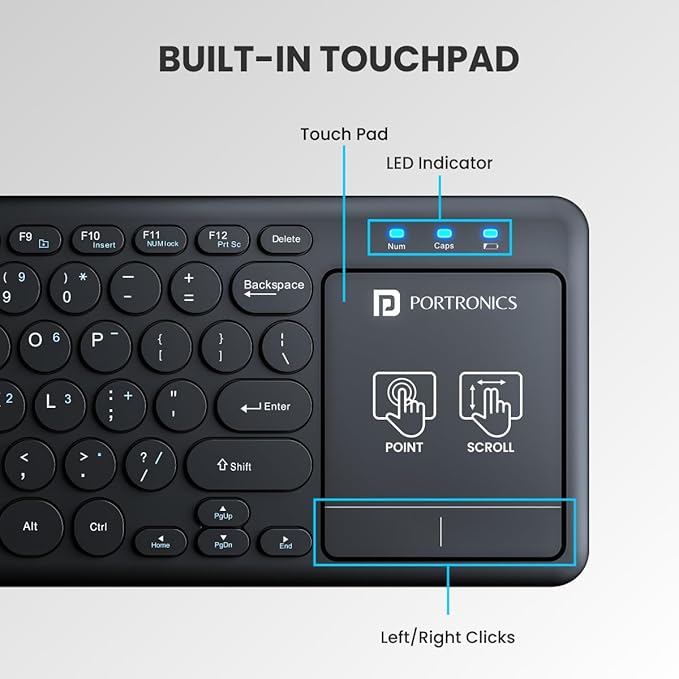 Portronics Bubble Pro Wireless Keyboard with Touchpad, Bluetooth & 2.4 GHz Dual Connectivity, Noiseless Keys, Connect Upto 2 Devices, Spill-Resistant Design (Black