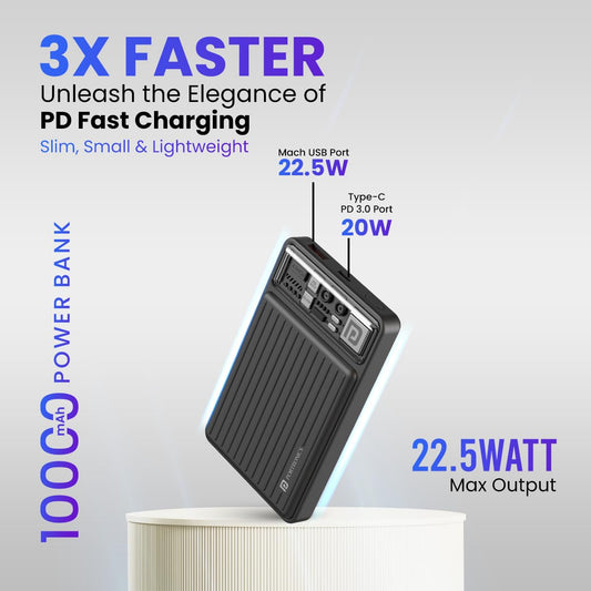 Portronics Luxcell Mini 10K Advanced 10000 mAh Nano Power Bank with 22.5W Max Output, LED Indicator, Mach USB-A Output, Type C PD Output, Type C Input, Wake Up Button(Black)