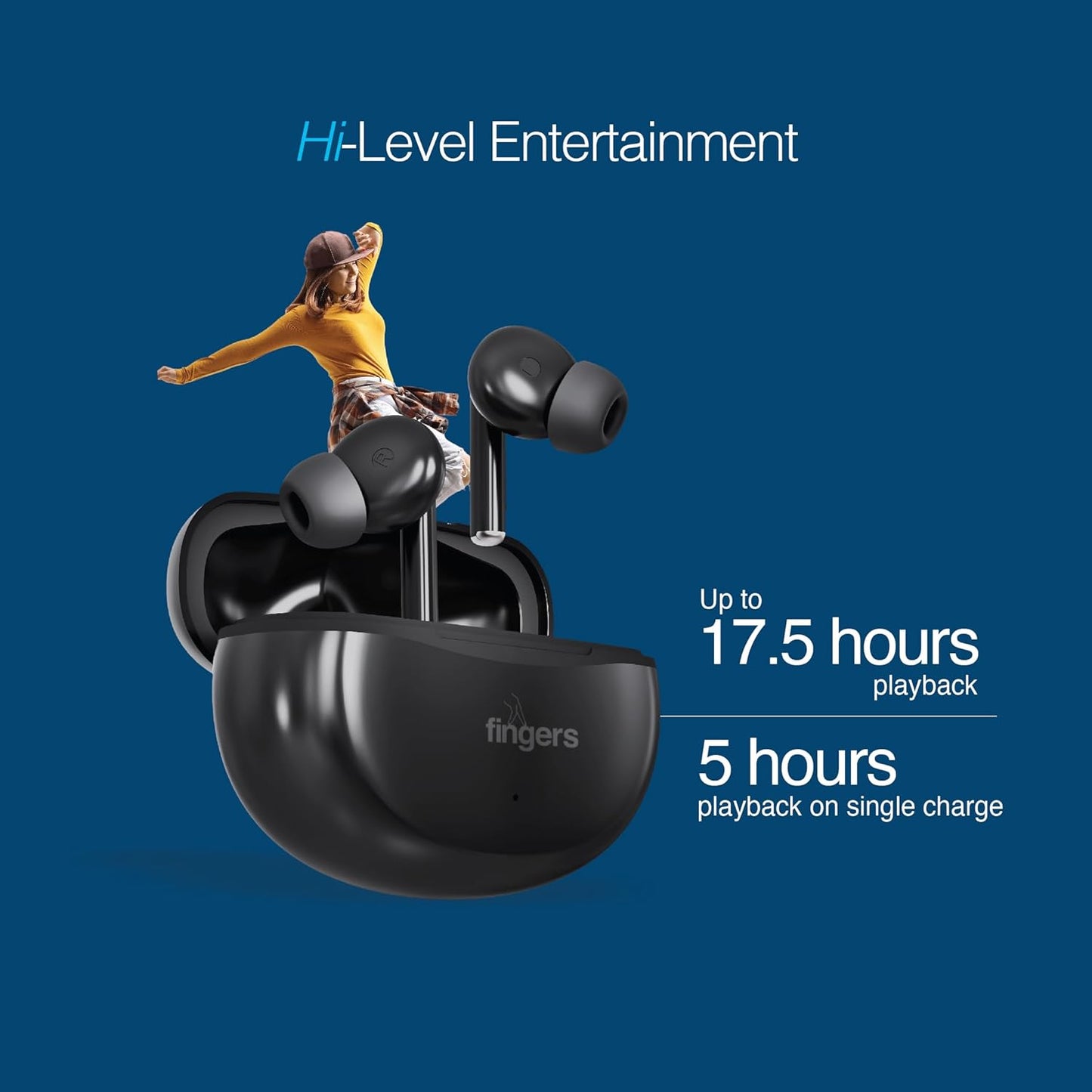 FINGERS Go-Hi-3 True Wireless Earbuds (17.5 Hours Playtime | in-Built Mic with Surround Noise Cancellation (SNC) Technology| Immersive Bass | IPX4 Sweat Resistant | Voice Assistant)