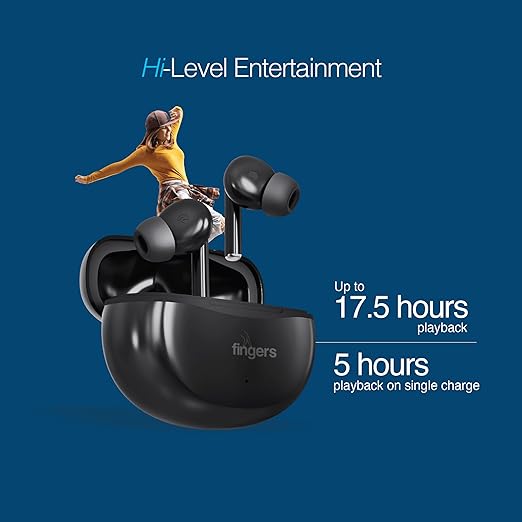 FINGERS Go-Hi-3 True Wireless Earbuds (17.5 Hours Playtime | in-Built Mic with Surround Noise Cancellation (SNC) Technology| Immersive Bass | IPX4 Sweat Resistant | Voice Assistant)