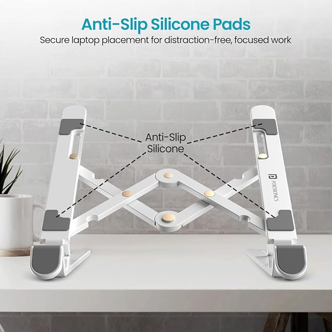 Foldable Laptop Stand with Adjustable Heights, Anti-Slip Silicone Pads, Collapsible Design, 5 kg Max Weight, ABS Build, Portable & Lightweight Holder Riser (White)