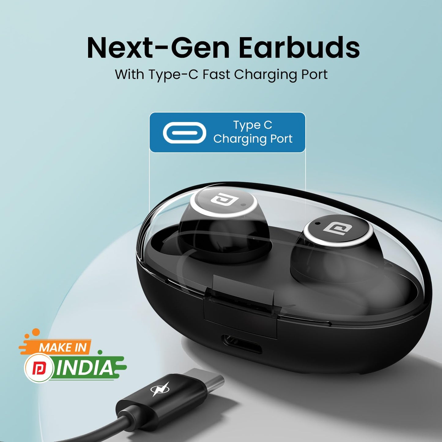 Portronics Harmonics Twins S13 in Ear True Wireless Earbuds with Mic, 24H Playtime, Game/Music Mode, Touch Control, 8mm Driver, Bluetooth 5.3v,IPX5 Water Resistance, Type C Fast Charging(Black)