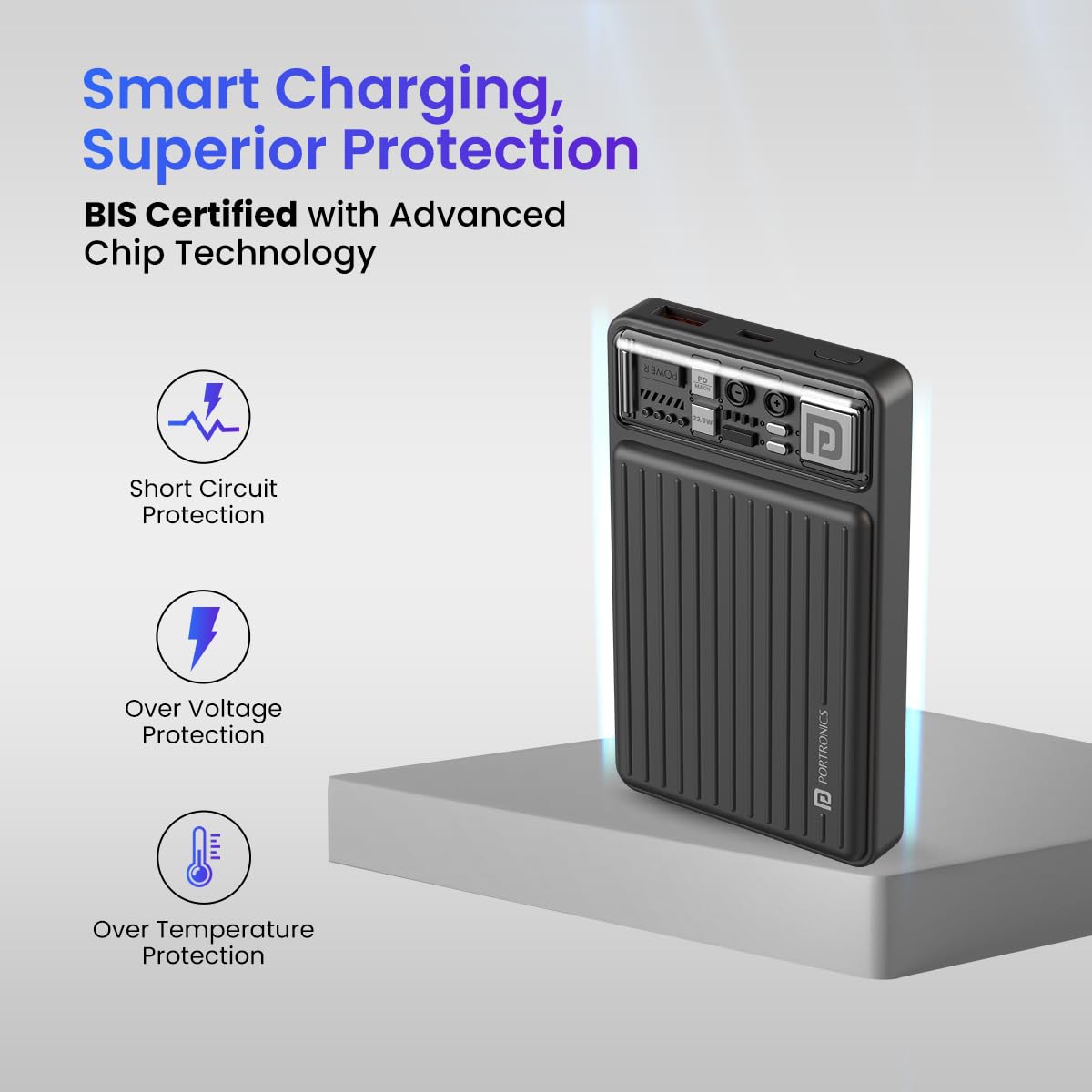 Portronics Luxcell Mini 10K Advanced 10000 mAh Nano Power Bank with 22.5W Max Output, LED Indicator, Mach USB-A Output, Type C PD Output, Type C Input, Wake Up Button(Black)