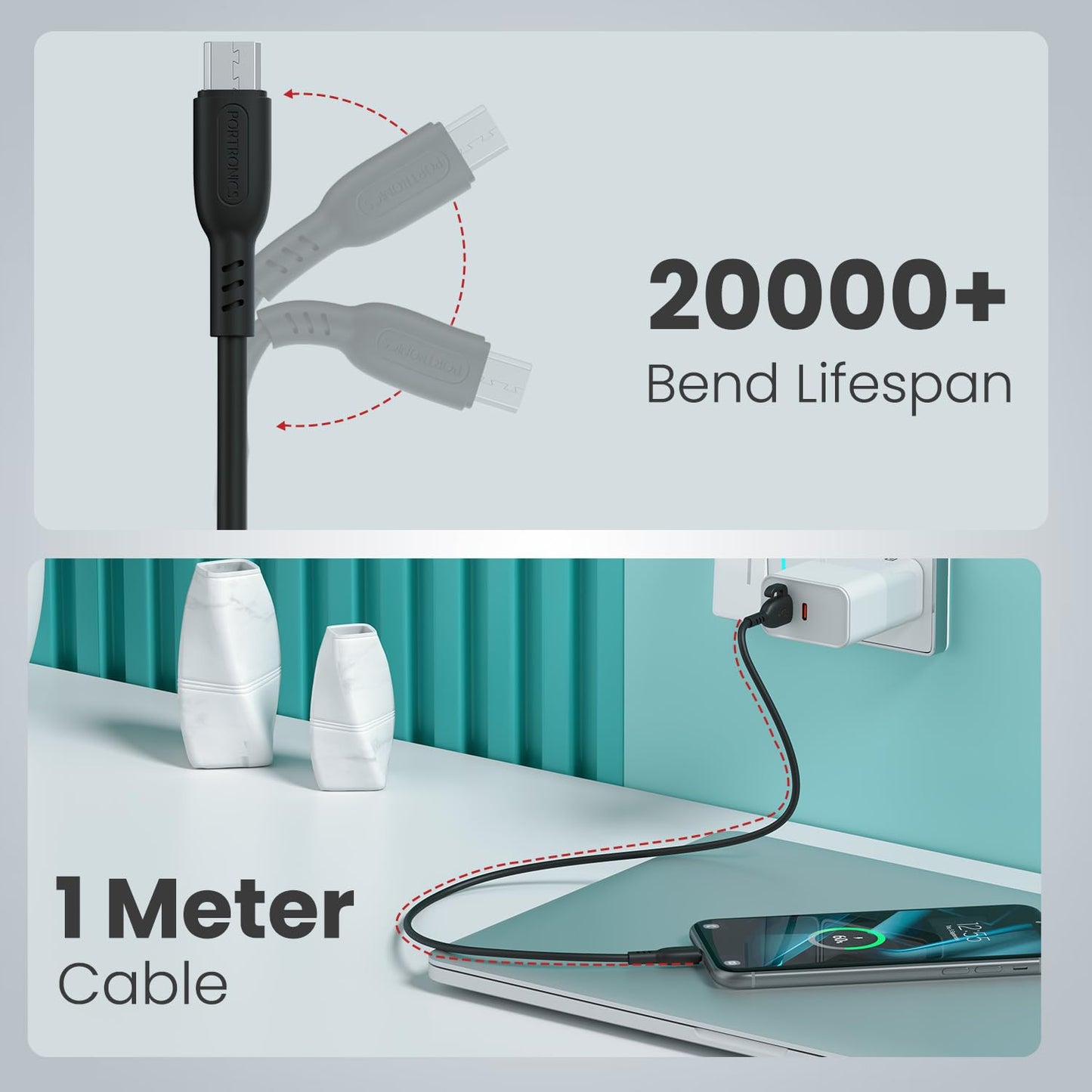 Portronics Konnect Core 3 USB-A to Micro Fast Charging Cable for Smartphones,Tablets, Speakers, Laptops & Other Micro USB Devices,Inbuilt Cable Management Hook,3.0A Max Output,Fast Data Sync(Black)