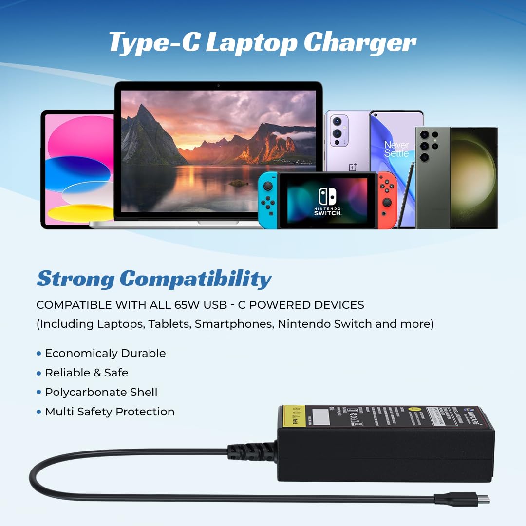 Lapcare 65W Type-C Universal Laptop Adapter Comaptible with Apple MacBook, iPad, HP (Pro Book, Spectre, Zbook, Elite, Envy, Pavilion, Chromebook) Dell, Lenovo, Acer, Asus, Samsung & Type C Phones