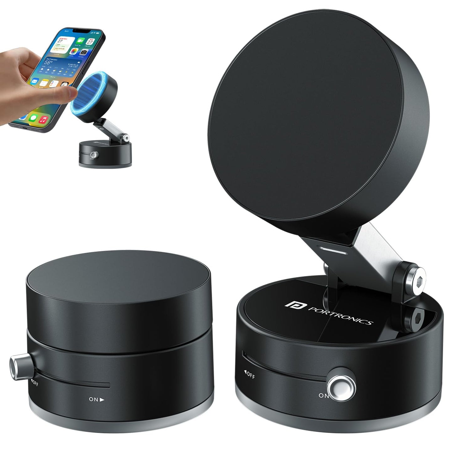 Portronics Hold X Magnetic Vacuum Suction Mobile Holder, Multiple Angle Adjustment, Retractable, Strong Magnetic Attachment, Compatible with iPhone & Android Phone for Car, Desk, Mirror, Glass(Black)