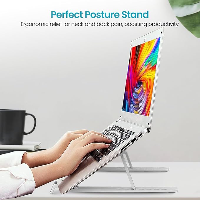 Foldable Laptop Stand with Adjustable Heights, Anti-Slip Silicone Pads, Collapsible Design, 5 kg Max Weight, ABS Build, Portable & Lightweight Holder Riser (White)