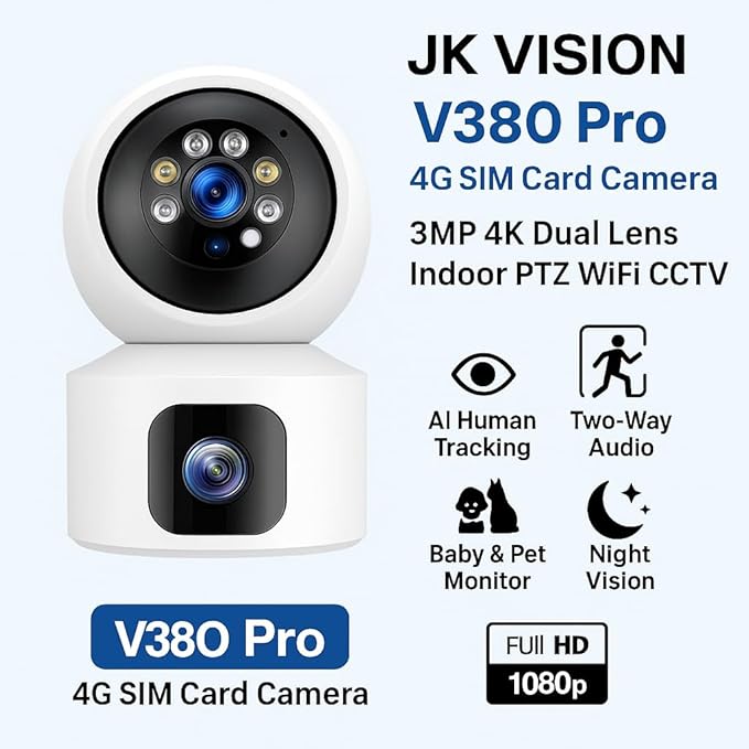 V380 Pro 4G SIM Card Camera | 3MP 4K Dual Lens Indoor PTZ WiFi CCTV | AI Human Tracking, Two-Way Audio, Baby & Pet Monitor, Night Vision, Dual-Screen Smart Home Security Camera