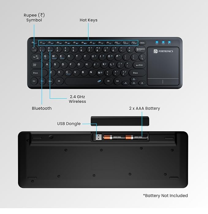 Portronics Bubble Pro Wireless Keyboard with Touchpad, Bluetooth & 2.4 GHz Dual Connectivity, Noiseless Keys, Connect Upto 2 Devices, Spill-Resistant Design (Black