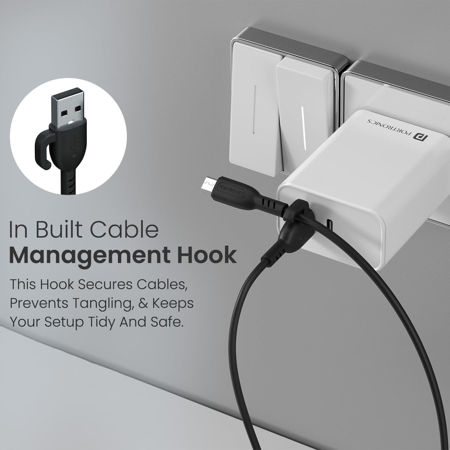 Portronics Konnect Core 3 USB-A to Micro Fast Charging Cable for Smartphones,Tablets, Speakers, Laptops & Other Micro USB Devices,Inbuilt Cable Management Hook,3.0A Max Output,Fast Data Sync(Black)