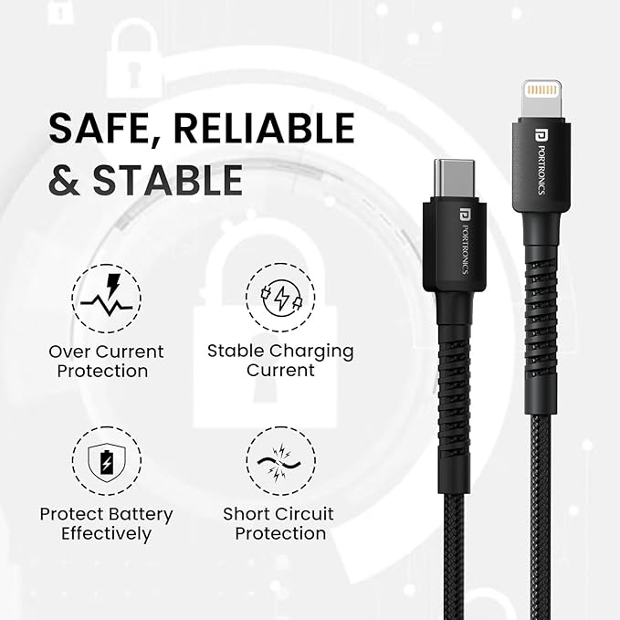 Portronics Konnect X 27W Type C to 8 Pin Fast Charging Strong Braided Cable, Metal Heads, 2M Length, Supports all 8 Pin & Lightning Devices (Black)