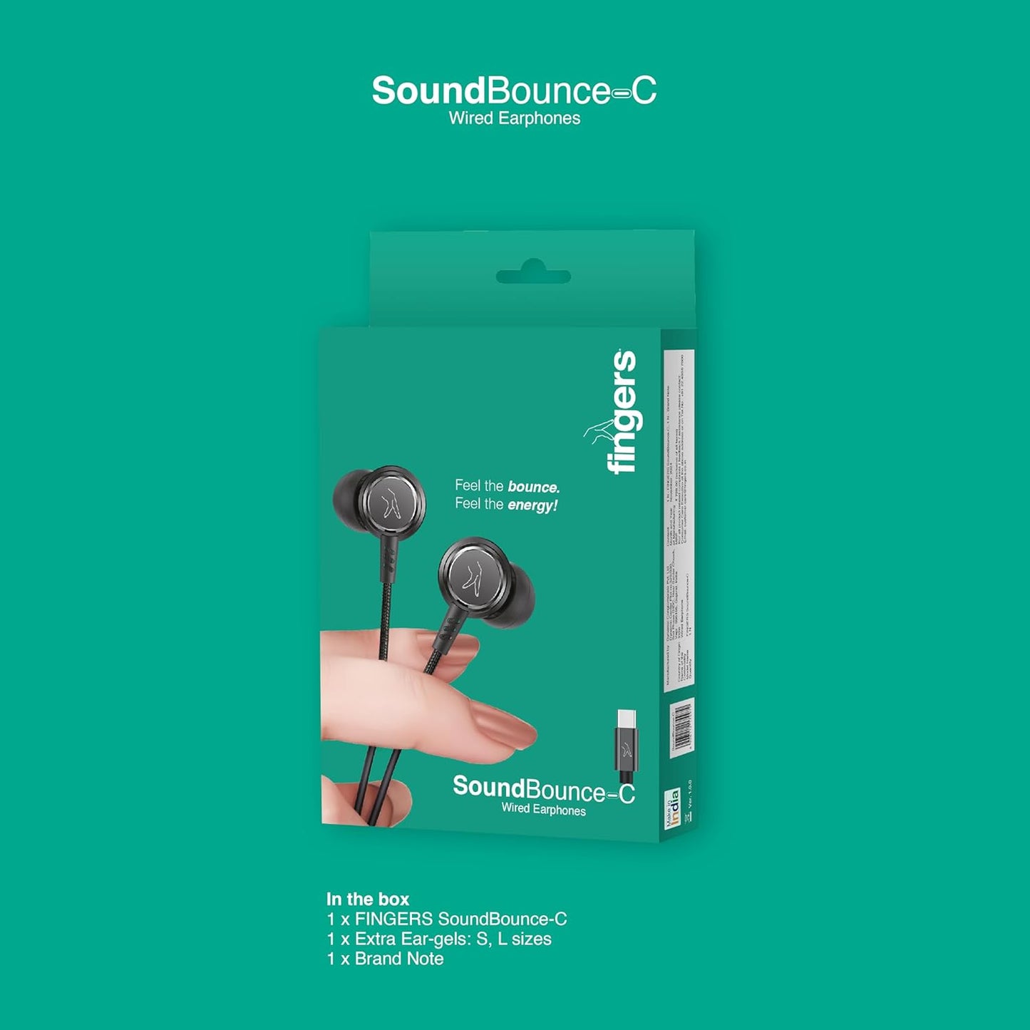 FINGERS Soundbounce Type-C Wired Earphones with Sleek Metal Earbuds, Built-in Mic, Neodymium Driver for Punchy Bass, Angular Earbuds with Anti-Static Gels, Durable Cable, On-Device Controls