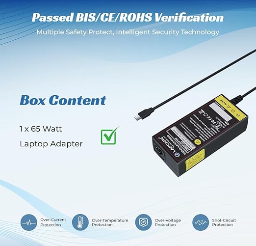 Lapcare 65W Type-C Universal Laptop Adapter Comaptible with Apple MacBook, iPad, HP (Pro Book, Spectre, Zbook, Elite, Envy, Pavilion, Chromebook) Dell, Lenovo, Acer, Asus, Samsung & Type C Phones