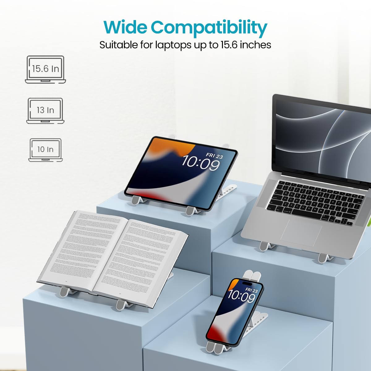 Foldable Laptop Stand with Adjustable Heights, Anti-Slip Silicone Pads, Collapsible Design, 5 kg Max Weight, ABS Build, Portable & Lightweight Holder Riser (White)