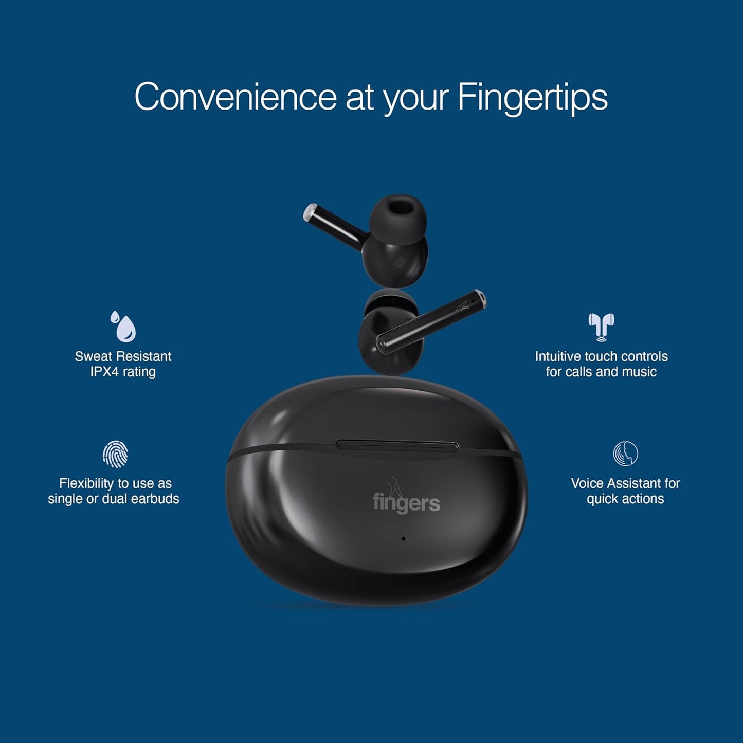 FINGERS Go-Hi-3 True Wireless Earbuds (17.5 Hours Playtime | in-Built Mic with Surround Noise Cancellation (SNC) Technology| Immersive Bass | IPX4 Sweat Resistant | Voice Assistant)