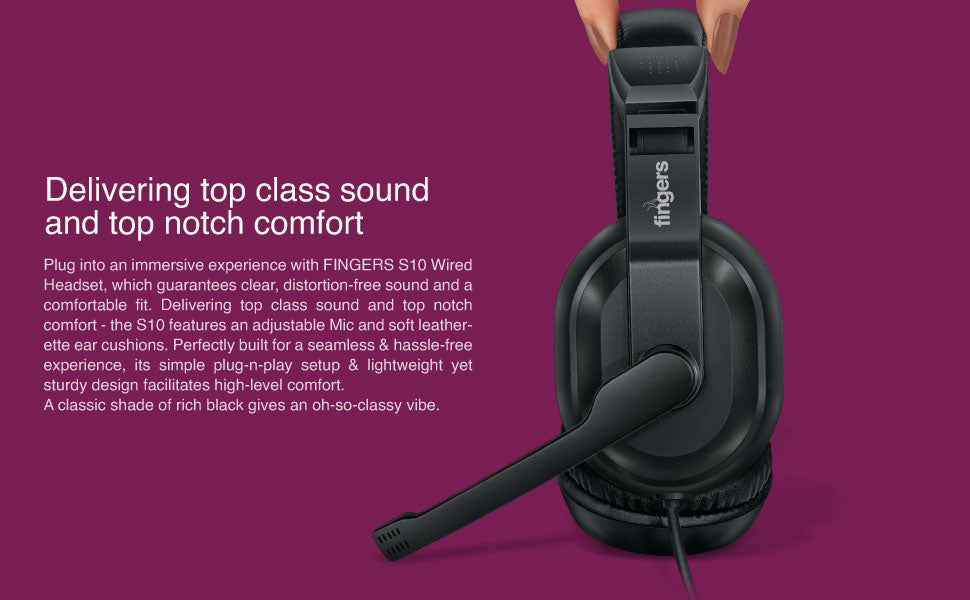 FINGERS S10 Wired Headphone On-Ear with Built-in Adjustable Mic (Crystal Clear Sound, 40 mm Powerful Drivers, Single 3.5 mm Connector for Mobile Phones) - Black