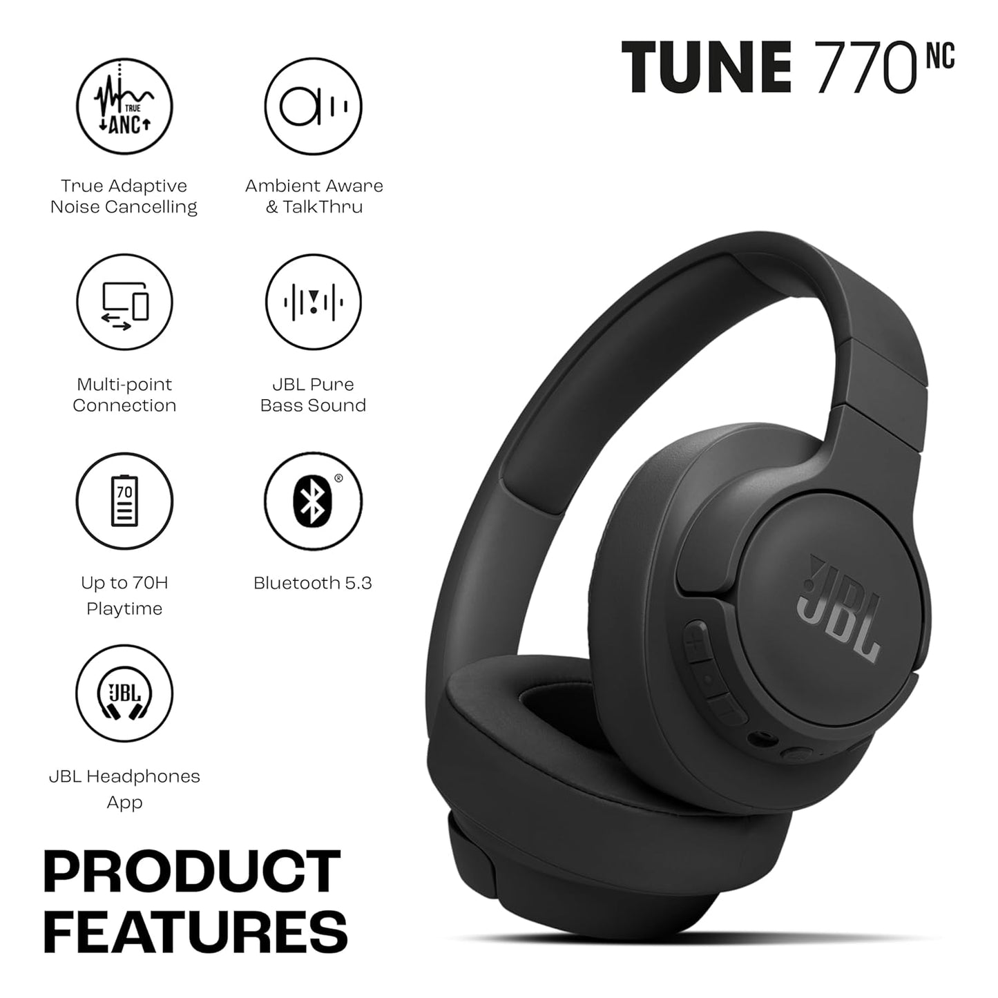 JBL Tune 770NC Wireless Over Ear ANC Headphones with Mic, Upto 70 Hrs Battery, Speed Charge : 5 min Charge Gives up to 3H of Playback, Google Fast Pair, Dual Pairing, BT 5.3 (Black)