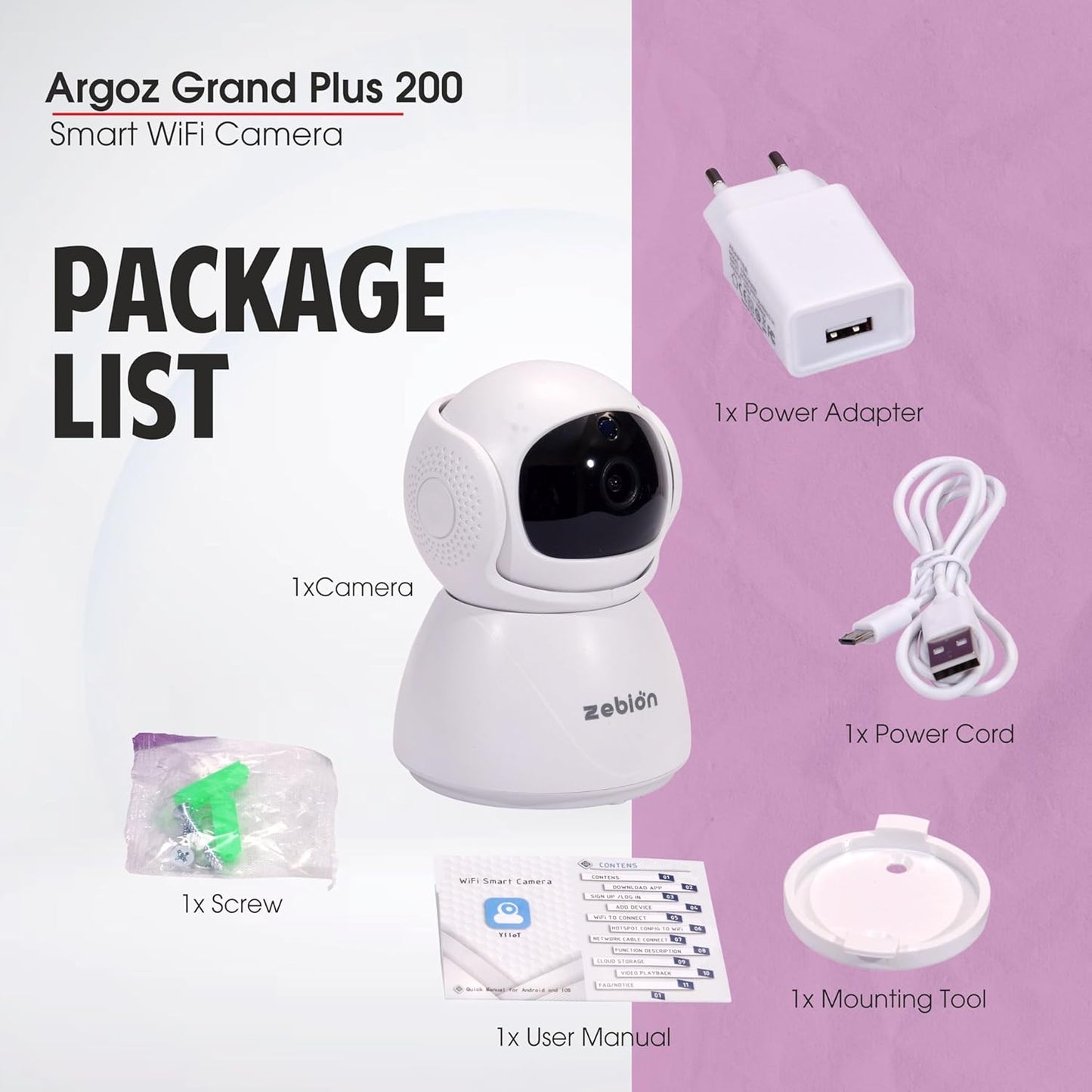 Zebion argoz 200 Full HD WiFi Camera 360 Deg Rotation, 145 Deg Tilting, 64GB Memory Card Slot, Plastic Body,5V Adaptor, WITHMini USB Cable mounting Bracket & Weight: 310 GMS