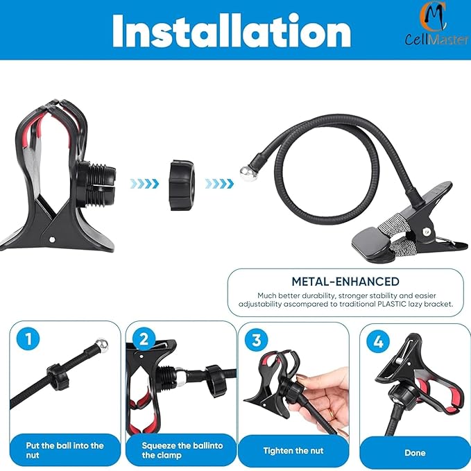 Metal 360 Degree Flexible Portable Foldable -Lazy Stand Bracket Cell Phone Holder/Gooseneck Long Arm Clip Mobile Stand for Table Mobile Stand for Bed Office