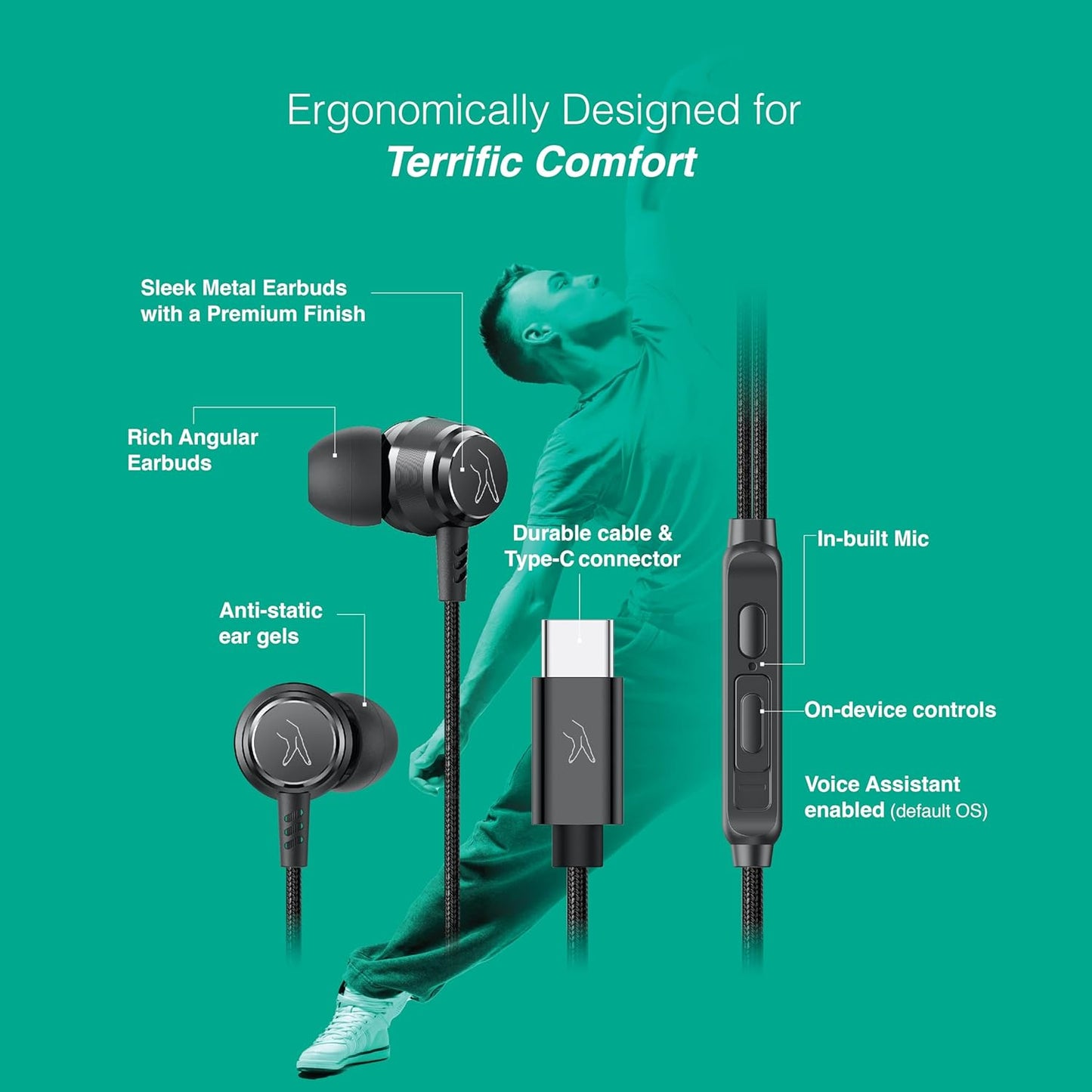 FINGERS Soundbounce Type-C Wired Earphones with Sleek Metal Earbuds, Built-in Mic, Neodymium Driver for Punchy Bass, Angular Earbuds with Anti-Static Gels, Durable Cable, On-Device Controls