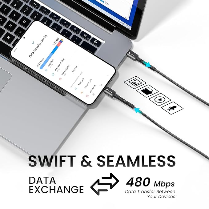 Portronics Konnect X 27W Type C to 8 Pin Fast Charging Strong Braided Cable, Metal Heads, 2M Length, Supports all 8 Pin & Lightning Devices (Black)