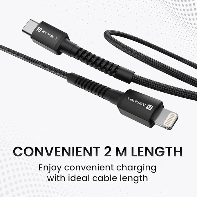 Portronics Konnect X 27W Type C to 8 Pin Fast Charging Strong Braided Cable, Metal Heads, 2M Length, Supports all 8 Pin & Lightning Devices (Black)