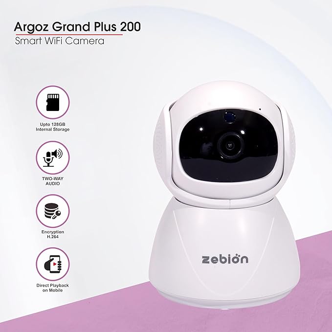 Zebion argoz 200 Full HD WiFi Camera 360 Deg Rotation, 145 Deg Tilting, 64GB Memory Card Slot, Plastic Body,5V Adaptor, WITHMini USB Cable mounting Bracket & Weight: 310 GMS