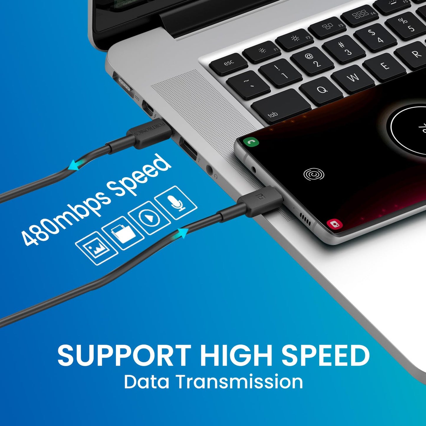 Portronics Konnect Link C1 Square 60W Type C to Type C Fast Charging PD Cable with 480Mbps Data Sync Compatible with Smartphones, iPhone 15 series, MacBook and Other Type C devices 1M Length(Black)