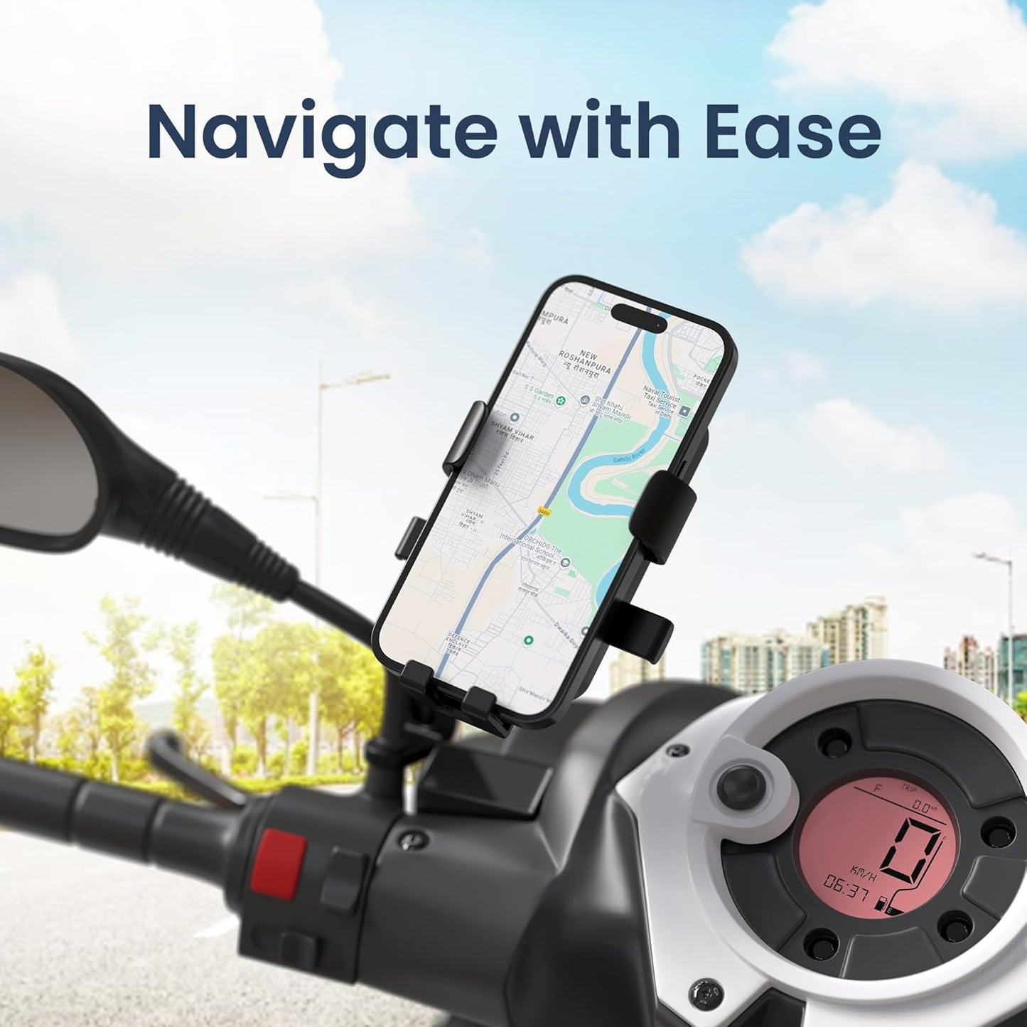 Portronics Mobike 5 Scooty/Scooter Phone Holder with Mirror Mount, 360 Degree Rotation, Strong Grip, Compatible with 4.7" to 7.2" Smartphone, Mobile Stand for Scooter, Cycle & Motorcycle (Black)
