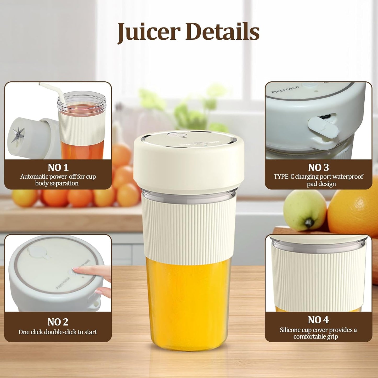 RODX Portable Juicer Blender, Electric USB Juicer Blender, Mini Blender with straw, Personal Blender for Shakes and Smoothies, Portable Juice Maker, Electric Blender juicer Cup, USB-C Rechargeable