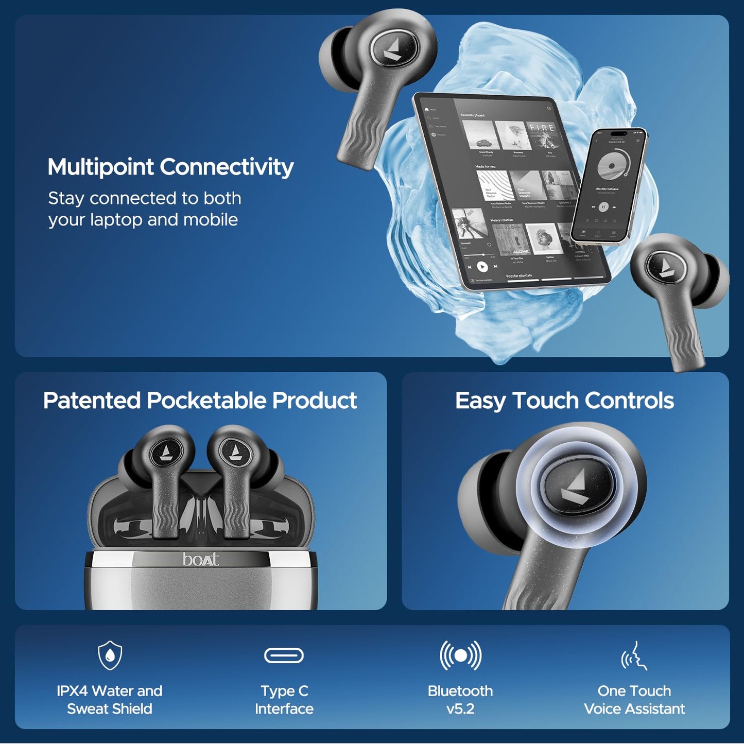 Boat Nirvana Iris Truly Wireless in Ear Ear Buds w/Up to 32 dB Active Noise Cancellation,120 Hrs Playback,Crystal Bionic Sound Powered by HiFi,Beast Mode,ENx Tech,Hearables App(Crystal Black)