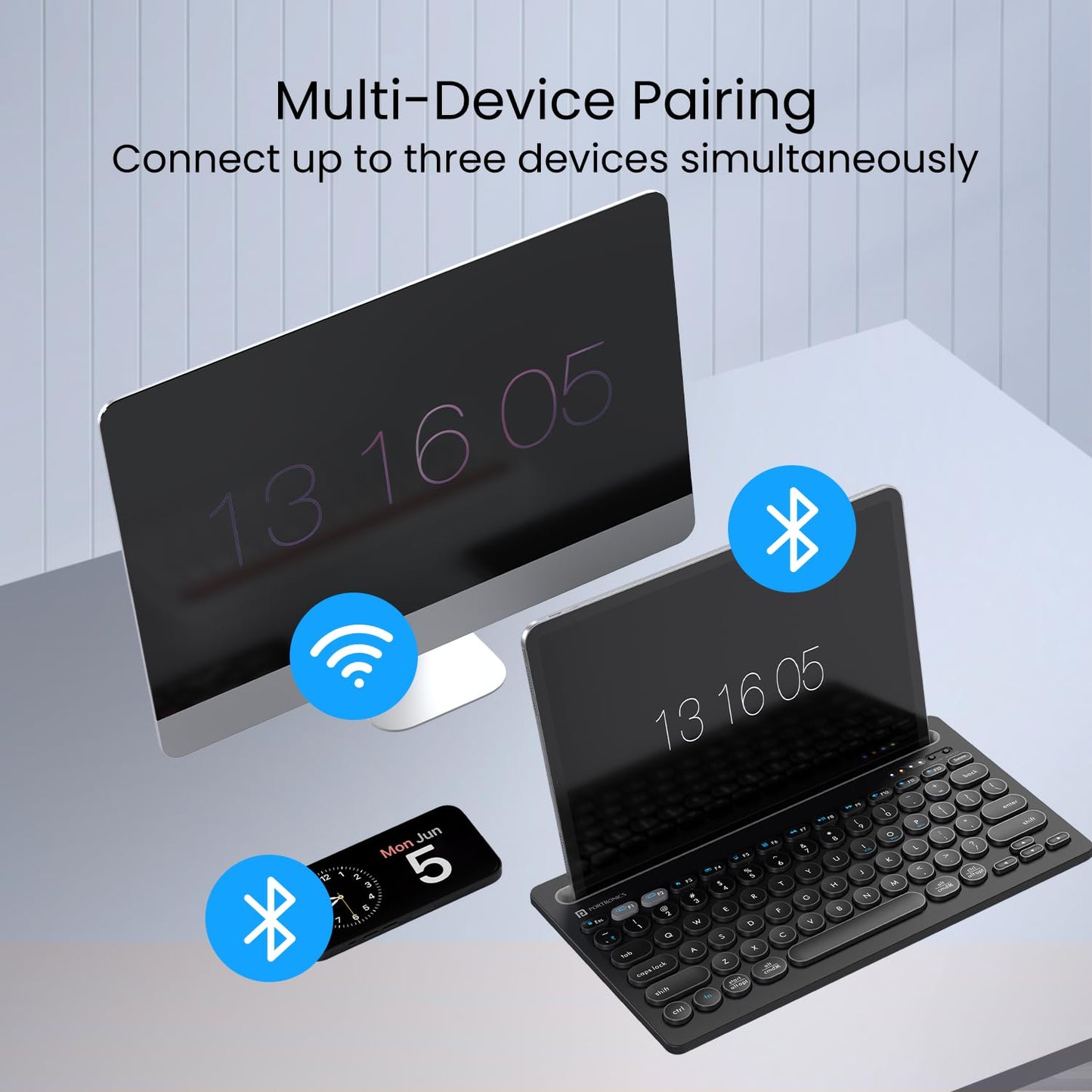 Portronics Bubble Dock Wireless Keyboard with Tablet Holder, Multi-Device Pairing, Rechargeable Battery,Dual Connectivity(2.4 GHz RF & Bluetooth 5.3v)