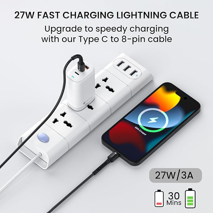 Portronics Konnect X 27W Type C to 8 Pin Fast Charging Strong Braided Cable, Metal Heads, 2M Length, Supports all 8 Pin & Lightning Devices (Black)