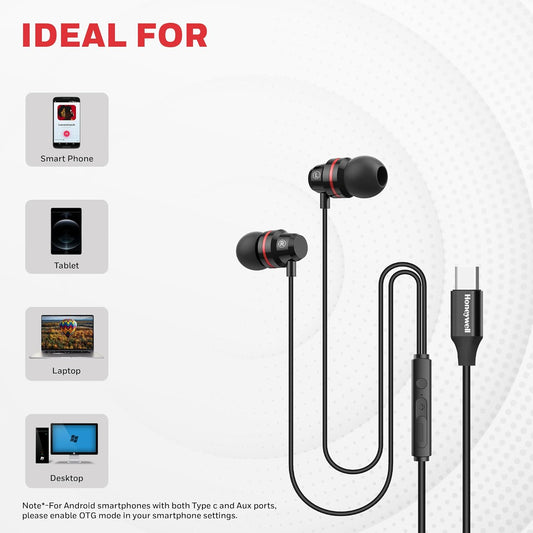 Honeywell Suono P60 Wired Earphones with Built in Mic, 10mm*2 Drivers, Passive Noice Cancellation, Deep Bass & Clear Sound, Ultra HD Mic Quality, Type C Compatible, Voice Assistant Enabled, 1.2 Mtr
