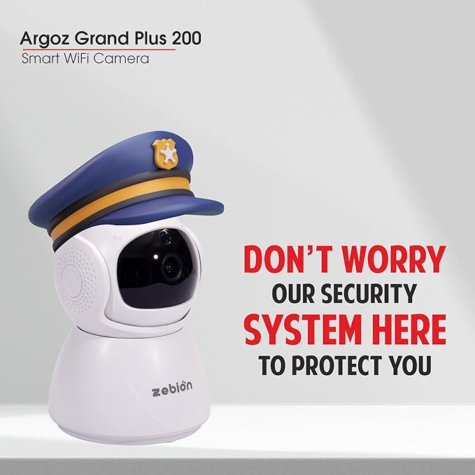 Zebion argoz 200 Full HD WiFi Camera 360 Deg Rotation, 145 Deg Tilting, 64GB Memory Card Slot, Plastic Body,5V Adaptor, WITHMini USB Cable mounting Bracket & Weight: 310 GMS
