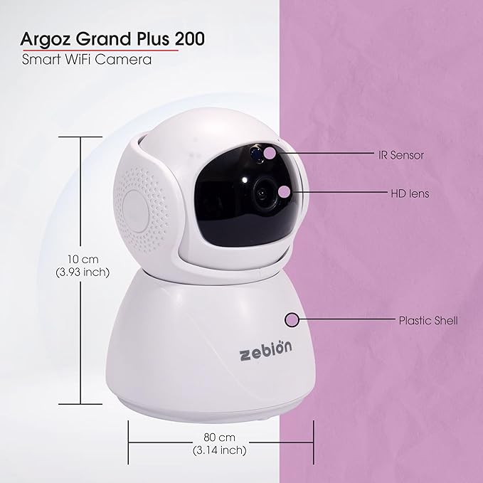 Zebion argoz 200 Full HD WiFi Camera 360 Deg Rotation, 145 Deg Tilting, 64GB Memory Card Slot, Plastic Body,5V Adaptor, WITHMini USB Cable mounting Bracket & Weight: 310 GMS