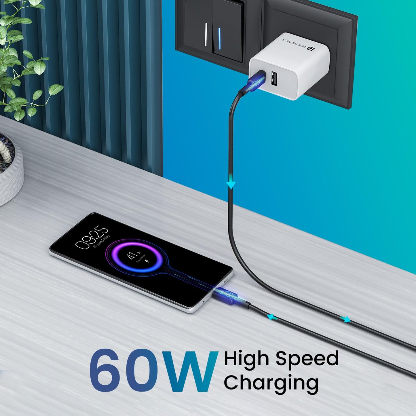 Portronics Konnect Link C1 Square 60W Type C to Type C Fast Charging PD Cable with 480Mbps Data Sync Compatible with Smartphones, iPhone 15 series, MacBook and Other Type C devices 1M Length(Black)