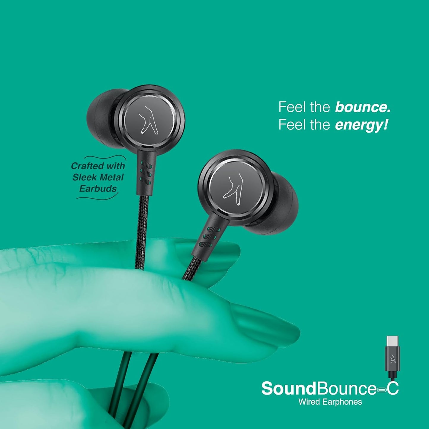 FINGERS Soundbounce Type-C Wired Earphones with Sleek Metal Earbuds, Built-in Mic, Neodymium Driver for Punchy Bass, Angular Earbuds with Anti-Static Gels, Durable Cable, On-Device Controls