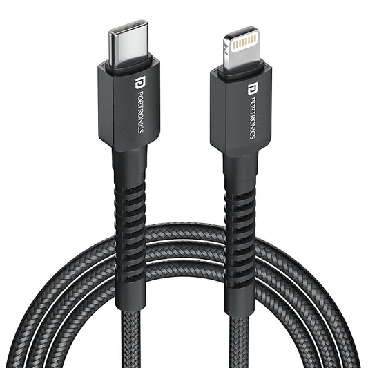 Portronics Konnect X 27W Type C to 8 Pin Fast Charging Strong Braided Cable, Metal Heads, 2M Length, Supports all 8 Pin & Lightning Devices (Black)