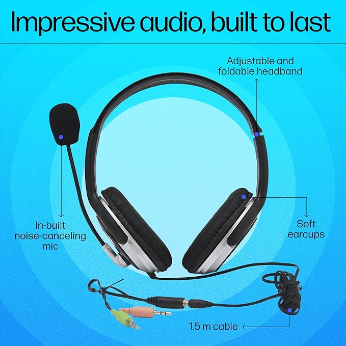 Hp Wired On Ear Headphones With Mic With 3.5 Mm Drivers, In-Built Noise Cancelling, Foldable And Adjustable For Laptop/Pc/Office/Home/ 1 Year Warranty